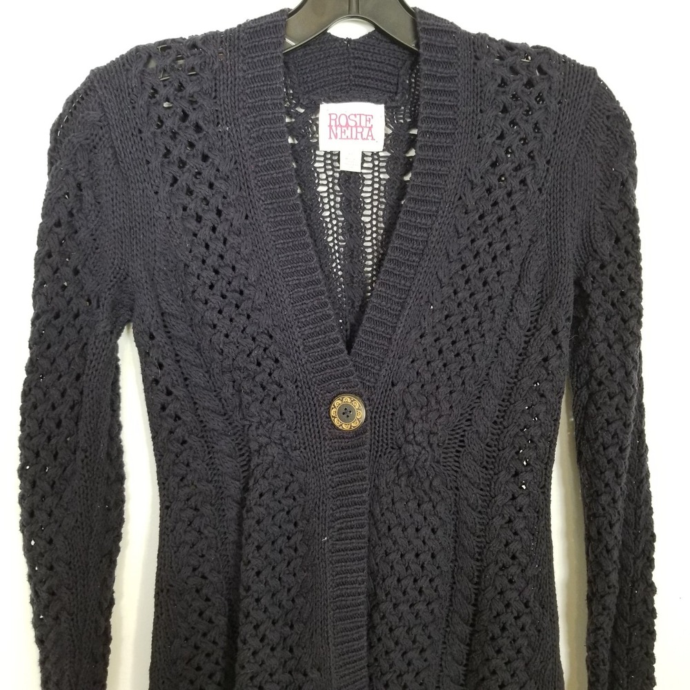 Rosie Neira Anthropologie Cotton Crochet Knit Cardigan Sz XS Navy Sweater Boho - Picture 2 of 11